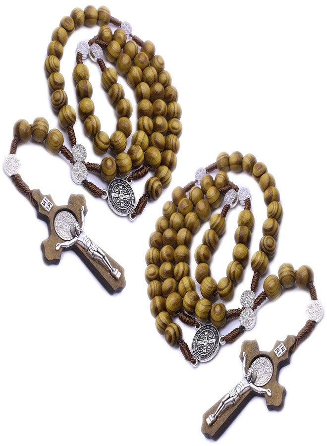 CHENGXIN PLESIU 2 Pack Wooden Rosary Beads Catholic for Men, Saint Benedict Handmade Jesus Statue Cross Pendant Rosary Necklace - Image 1